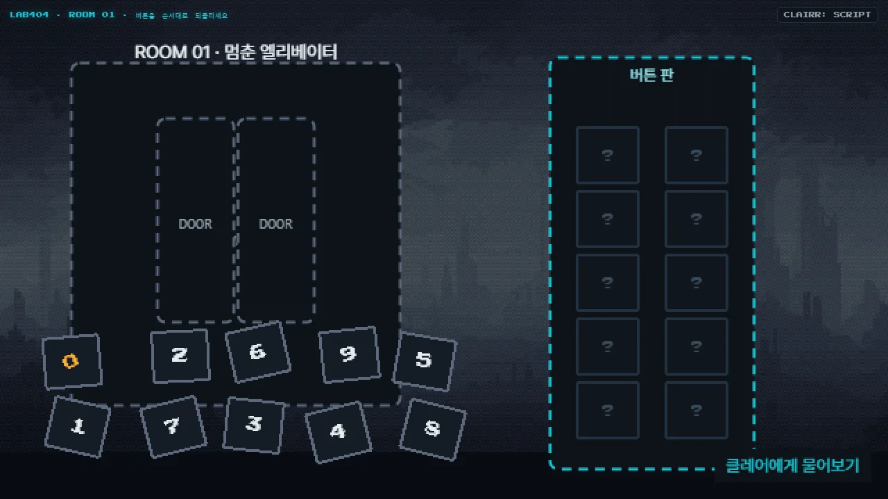 방 안의 퍼즐. 멈춘 엘리베이터의 버튼 판